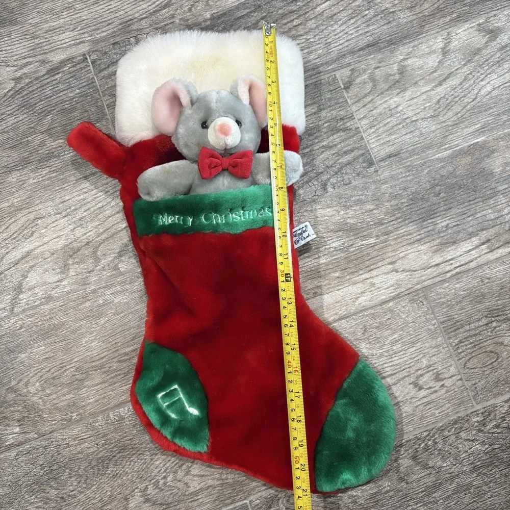 Vintage 1988 Chrisha Playful Plush Mouse Bow Tie 3D Christmas Stocking 21